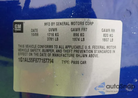 2007 Chevrolet Cobalt Lt from USA, damaged, VIN 1G1AL55F877187794